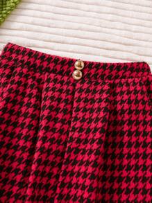 Teenage Girls Elegant Long Sleeve Woven Tweed Jacket Coat + Minimalist Woven Houndstooth Elastic Waist Skirt Set, Autumn/Winter