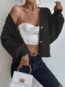 EMERY ROSE 女士休闲落肩宽松粗针织开衫 - 黑色 - 查看 4