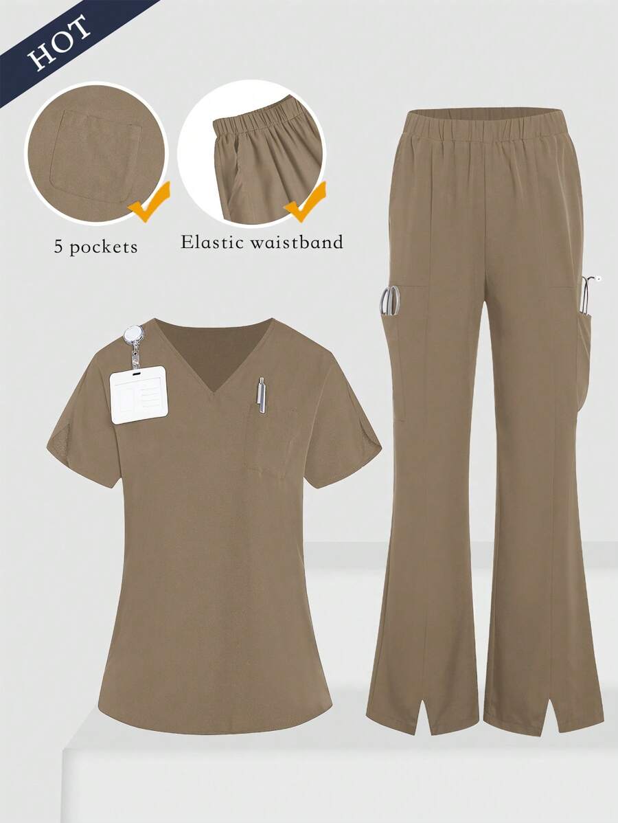 TaskEZ 2pcs Women Healthcare Uniform - Solid Color V-Neck Blouse & Slit Long Pants, Scrub Sets - Khaki - View 1