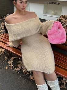 Calvaya Suéter de cuello alto de punto con hombros descubiertos, de pila larga elegante, para otoño/invierno, talla grande