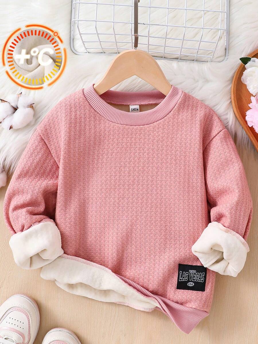 SHEIN Sudadera de cuello redondo de terciopelo compuesta para niñas y niñas pequeñas otoño-invierno, apta para uso casual diario - Rosa - Ver 1