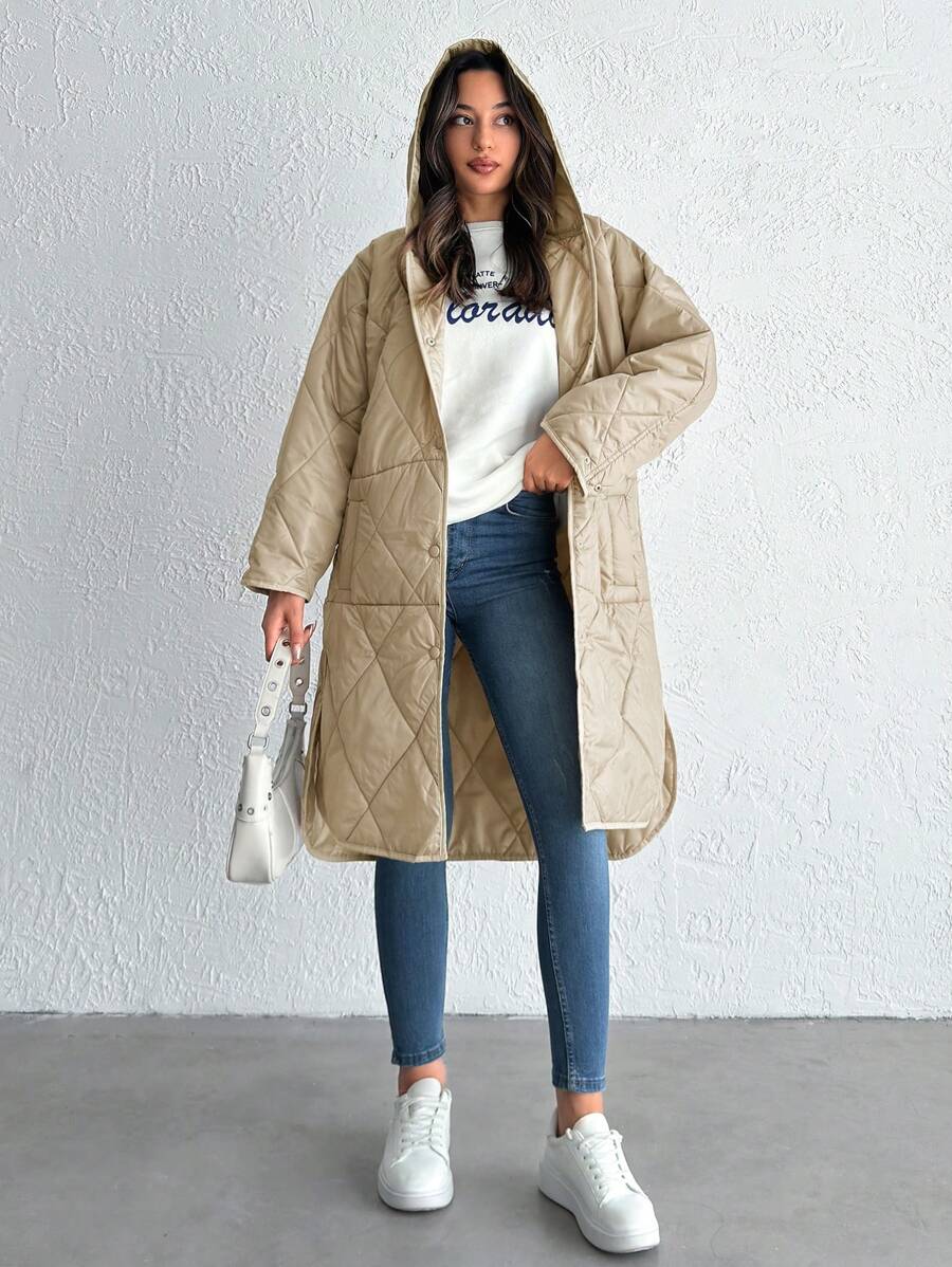 EURMUSE Snap Button Front Hooded Quilted Coat - Apricot - View 1