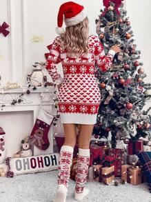 SHEIN LUNE Women's Christmas Pattern Knit Mini Dress - Red and White - View 2