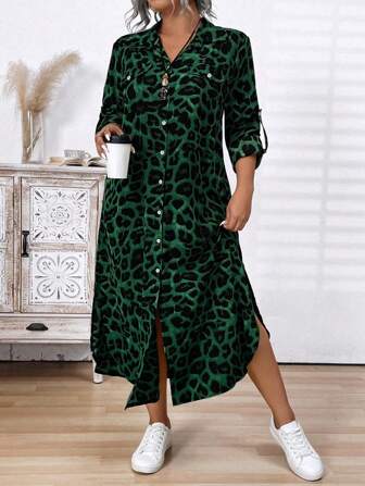 Plus Size Front Button Leopard Print Long Sleeve Minimalist Dress, Women Outfit Fall Cloth For Women