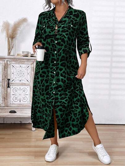 Plus Size Front Button Leopard Print Long Sleeve Minimalist Dress, Women Outfit Fall Cloth For Women