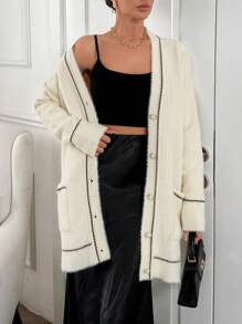 EURMUSE Special Pattern V Neck Cardigan With Button Detail And Hairy Yarn - Beige - View 1