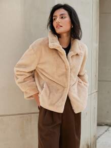 Femmeiva Oversized Women Casual Simple Oblique Pockets Fuzzy Jacket For Autumn & Winter Fall Cloth For Women - Khaki - View 6