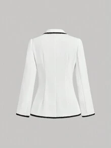 SHEIN MOD 女式长袖白色西装外套，配黑色滚边，优雅，秋冬西装外套，女警服装，外出，返校，早午餐，办公室，工作 - 白色 - 查看 2