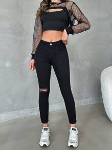 EURMUSE Casual Solid Low Waist Ripped Skinny Jeans - Black - View 3