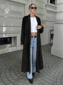 SHEIN Cottnline Drop Shoulder Long Overcoat With Belt - Black - View 5