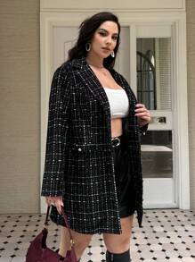 SHEIN Privé 大码女式仿珍珠纽扣装饰长袖夹克 - 黑與白 - 查看 6