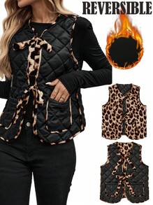 SHEIN LUNE Áo khoác gile độn bông họa tiết da báo 2 trong 1 dành cho nữ, trang phục công sở thường ngày cho giáo viên, trang phục mùa đông, Giáng sinh và Năm mới cho nữ. - Cà phê nâu - Xem 2