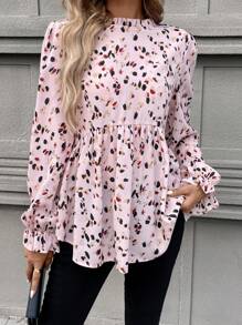 SHEIN LUNE Spring & Summer Round Neck Ruffle Trim Cuff, Collar & Hem Long Sleeve Casual Vacation Printed Blouse T-Shirt - Dusty Pink - View 5