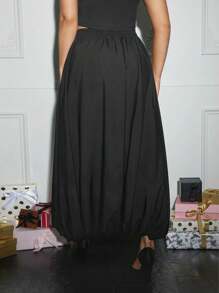 SHEIN SXY Plus Size Solid Color Front Tie Gathered Minimalist Casual Skirt - Black - View 2