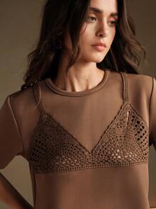 Anewsta Lace Patchwork Round Neck Short Sleeve Cropped Casual T-Shirt - Khaki - View 4