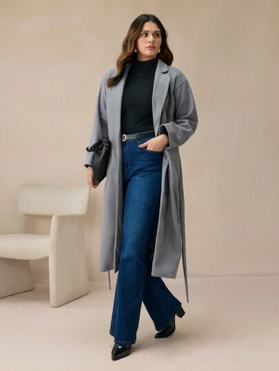 BizChic Plus Size Women Elegant Commuting Long Waist Tie Belt Overcoat