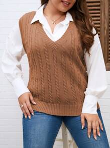 EMERY ROSE Damen Pullover-Weste Einfarbig mit V-Ausschnitt, in Große Größen, strickstil, lässig, für Herbst und Winter - Kamelfarben - Übersicht 5