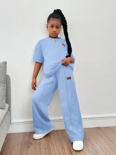 SHEIN Leap Crew Tween Girl 休闲宽松落肩贴花中袖运动衫和褶皱运动裤套装，返校装