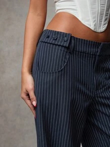 SHEIN BAE Pantalones anchos de mujer de cintura baja con botones decorativos y rayas azul marino, pantalones casuales versátiles para ir a la oficina o paseo