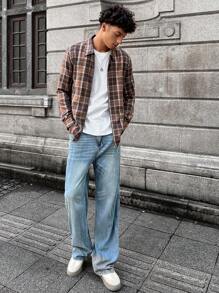 Manfinity RebelGame 1pc Heren Geweven 90s Kraag Shirt Mode Casual Losse Plaid Lange Mouw Ritssluiting Kleur Blok Vintage Urban Shirt, Voor Vrienden, Katoen
