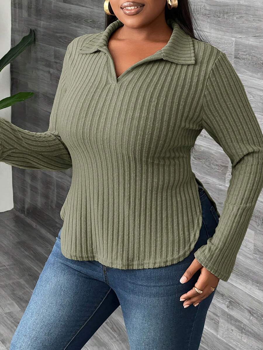 Slaydiva Áo thun dệt kim gân cổ polo tay dài màu đen cỡ lớn cho nữ - xanh quân đội - Xem 1