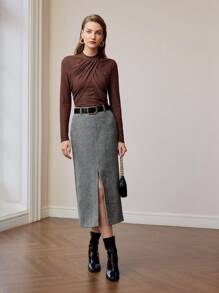 MOTF PREMIUM CHEVRON PRINT SLANT POCKET SPLIT HEM BELTED SKIRT