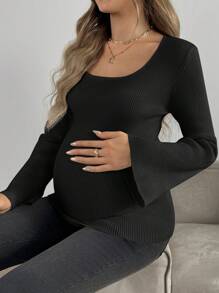 SHEIN Maternity Square Collar Bell Sleeve Ribbed Casual Sweater, Autumn/Winter - Black - View 1