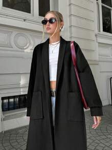 SHEIN Cottnline Drop Shoulder Long Overcoat With Belt - Black - View 11