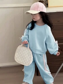 DAZY 2 件套年轻女孩圆领针织运动衫套装，秋季服装 - 藍色 - 查看 2