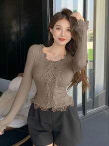 DAZY 女式纯色荷叶边拼接长袖修身开衫，秋季，返校服装，秋季女装 - 咖啡棕 - 查看 5