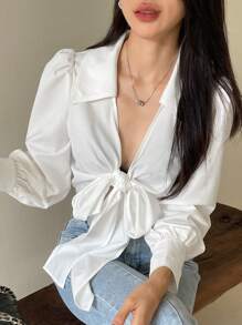 DAZY 1pc Solid Color Fitted Tie Sleeve Ladies Blouse,Fall Clothes Long Sleeve Top - White - View 7