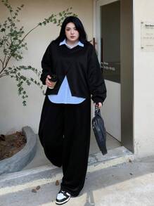 Dazy Plus Plus Size Asymmetrical Hem V-Neck Sweatshirt & Solid Color Casual Sweatpants 2 Pieces Set,Fall Clothes - Black - View 6