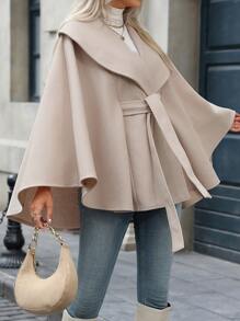SHEIN Clasi Women's Solid Color Loose Belted Cape Coat With Bowknot Belt, Stand Collar, Long Sleeve, Autumn/Winter - Khaki - View 3