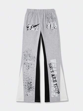 Street Life Men's Color Block Letter Print Flare Leg Sweatpants, Retro Street Style