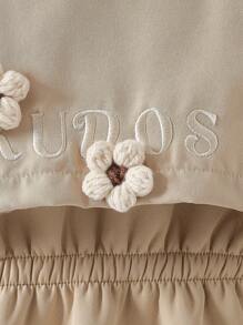 Girls Khaki Embroidered 3D Flower Fuzzy Collar Warm Jacket, For Toddlers & Young Girl