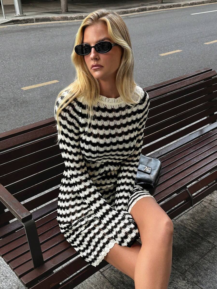 Forever 21 女士休闲条纹针织毛衣连衣裙春秋 - 黑色 - 查看 1