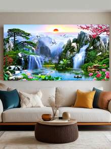 1 pieza Lienzo con pintura de paisaje de cascada y puesta de sol, pósteres e impresiones de aves en el lago, obra de arte de bosque para decoración de la sala de estar, decoración festiva del hogar, lienzo sin marco como regalo de Navidad