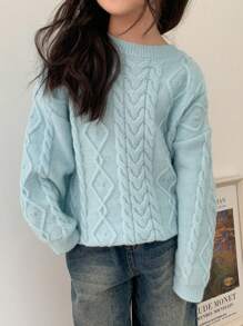 DAZY Young Girls Round Neck Sweater, Fall - Blue - View 1