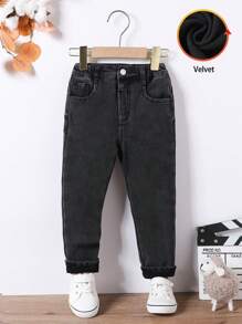 Young Boy All-Match Thickened Thermal Lined Black Stretch Jeans, Autumn/Winter - Black - View 1
