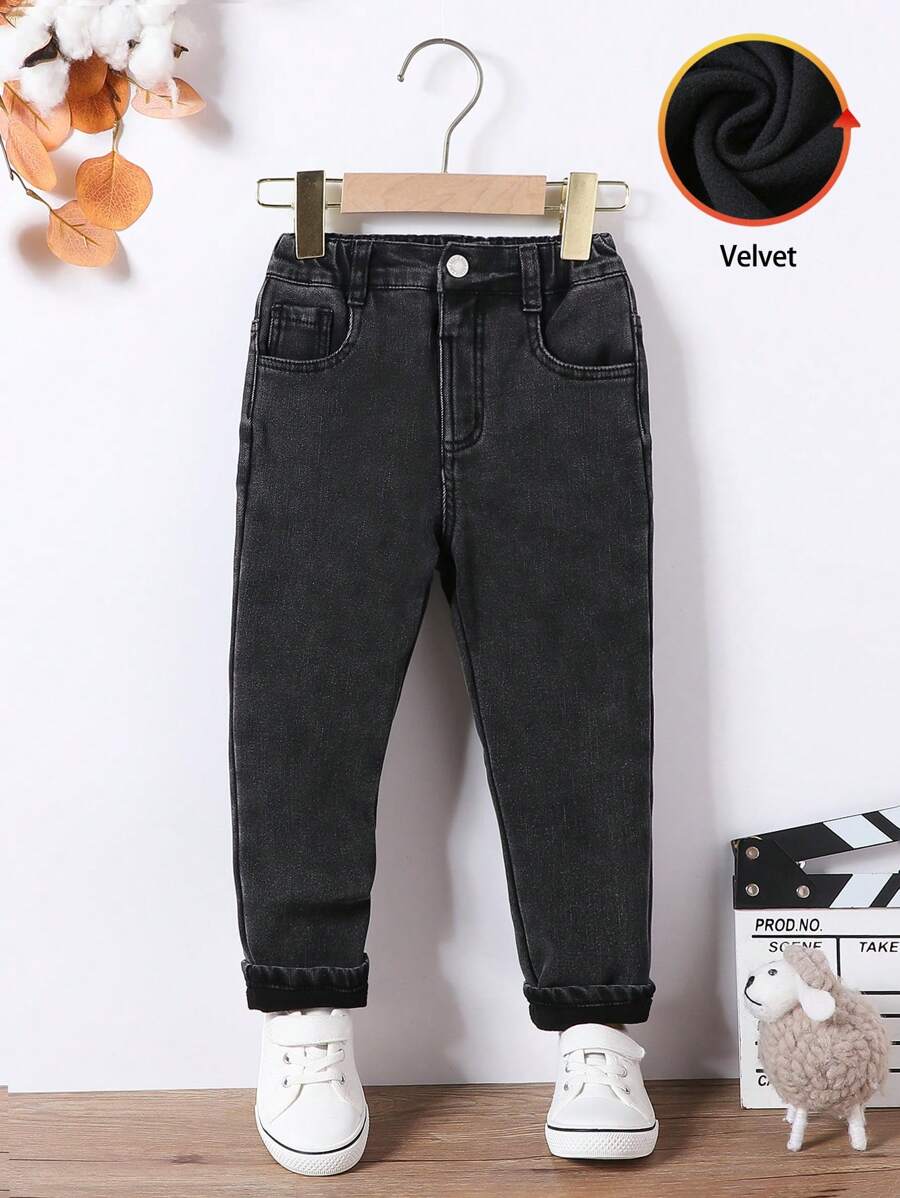 Young Boy All-Match Thickened Thermal Lined Black Stretch Jeans, Autumn/Winter - Black - View 1