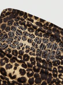 ROMWE 2pcs/Set Women Letter Print Rhinestone Leopard Pattern Side Drawstring Tube Top And Flare Pants, Sexy Outfit - Black - View 10