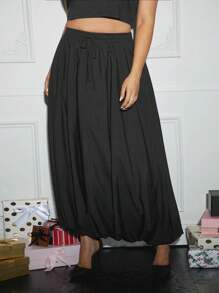 SHEIN SXY Plus Size Solid Color Front Tie Gathered Minimalist Casual Skirt - Black - View 5