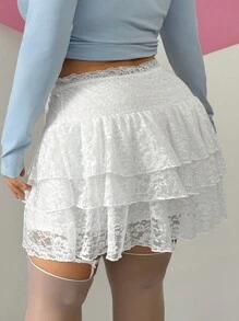 SHEIN SXY 大码女式可爱性感多层蕾丝荷叶边下摆迷你裙 - 白色 - 查看 2