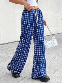 INAWLY 女士格子印花休闲宽松直筒裤，时尚高低腰阔腿裤 - 藍色 - 查看 4