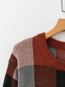 SHEIN LUNE 大码女式秋季格子圆领长袖休闲毛衣，秋冬 - 卡其色 - 查看 6