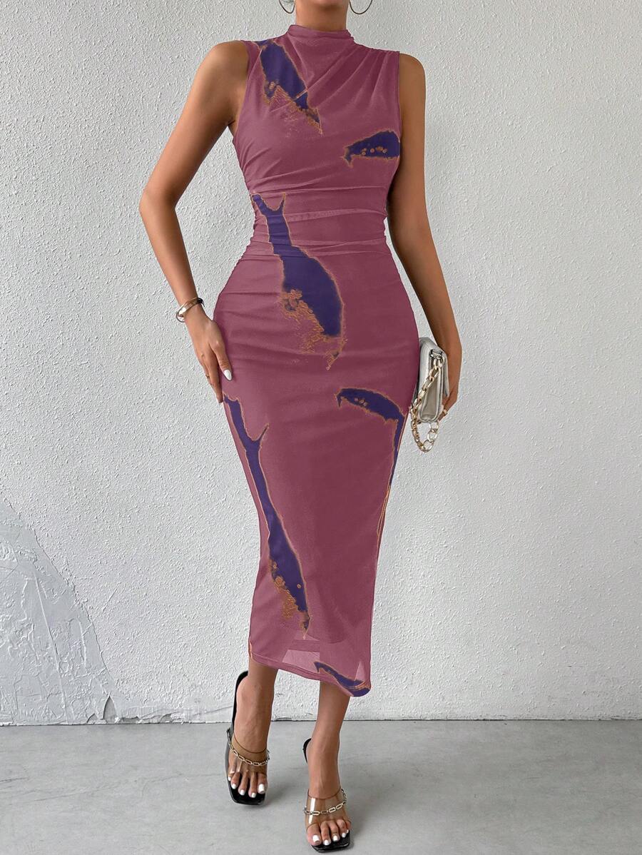 Chiquease 1 件女式立领扎染印花网眼无袖连衣裙，休闲日常穿着 - 彩色 - 查看 1