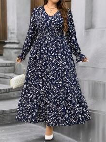 SHEIN Clasi 大码褶皱碎花长袖连衣裙