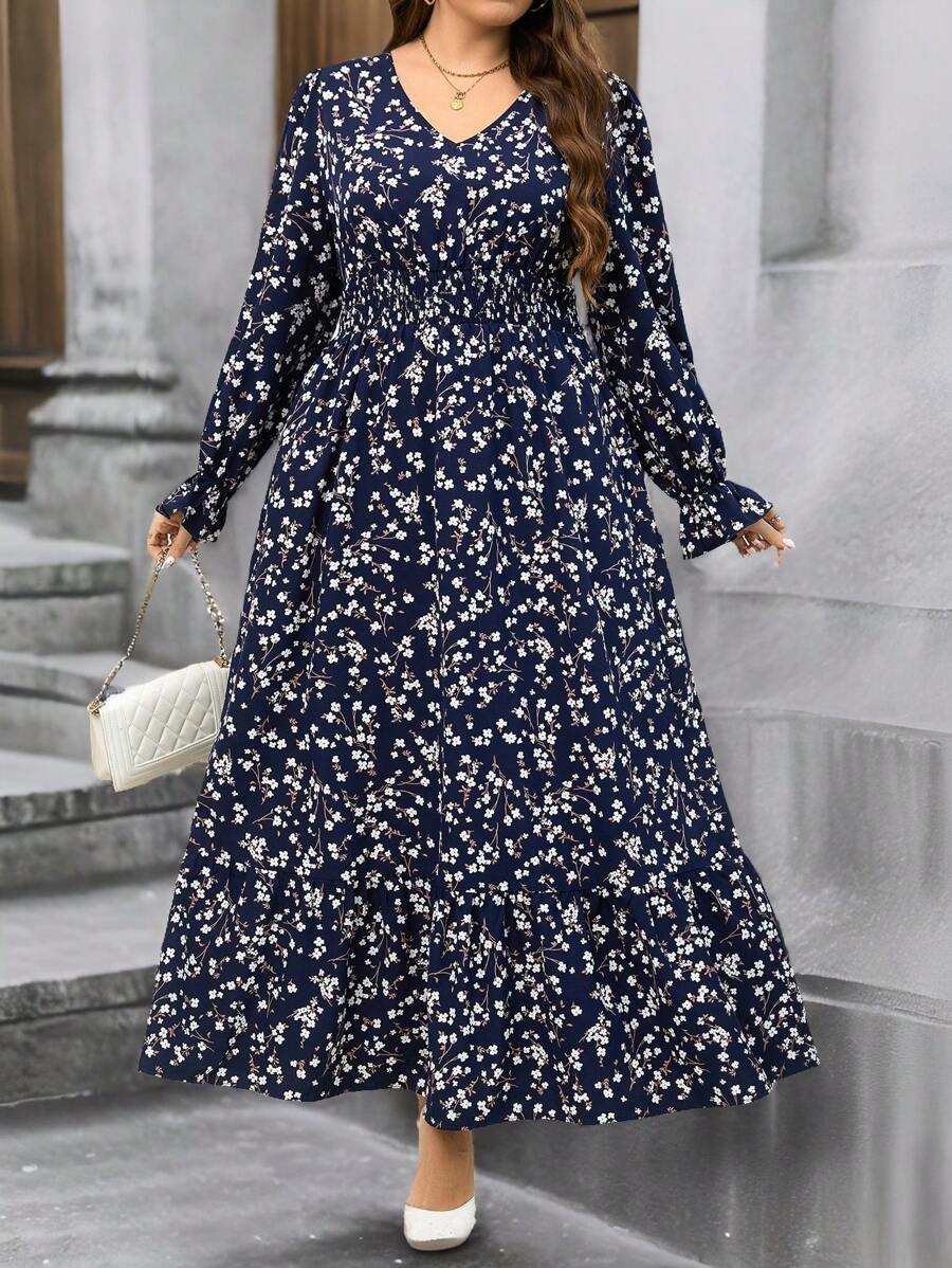 SHEIN Clasi 大码褶皱碎花长袖连衣裙