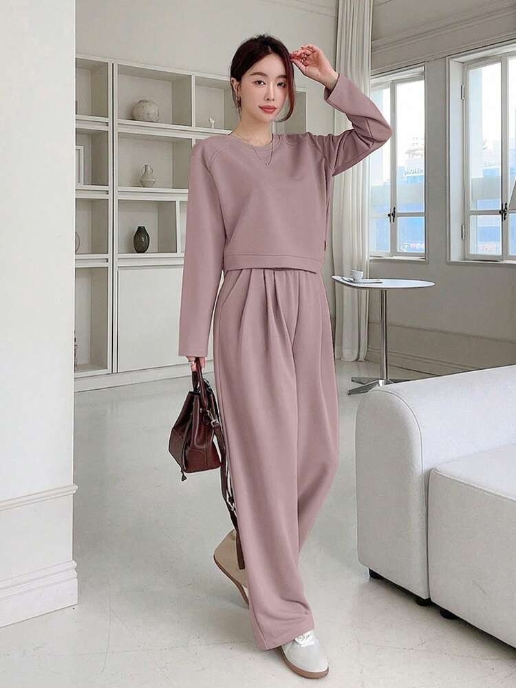 2pcs Women's Casual Solid Color Asymmetric Sweatshirt And Wide Leg Pants Set, Autumn,Fall Women Clothes Lounge Sets For Women