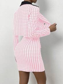 Chiquease 2 件套女士优雅千鸟格拼色无袖紧身连衣裙和翻领短款夹克，春秋